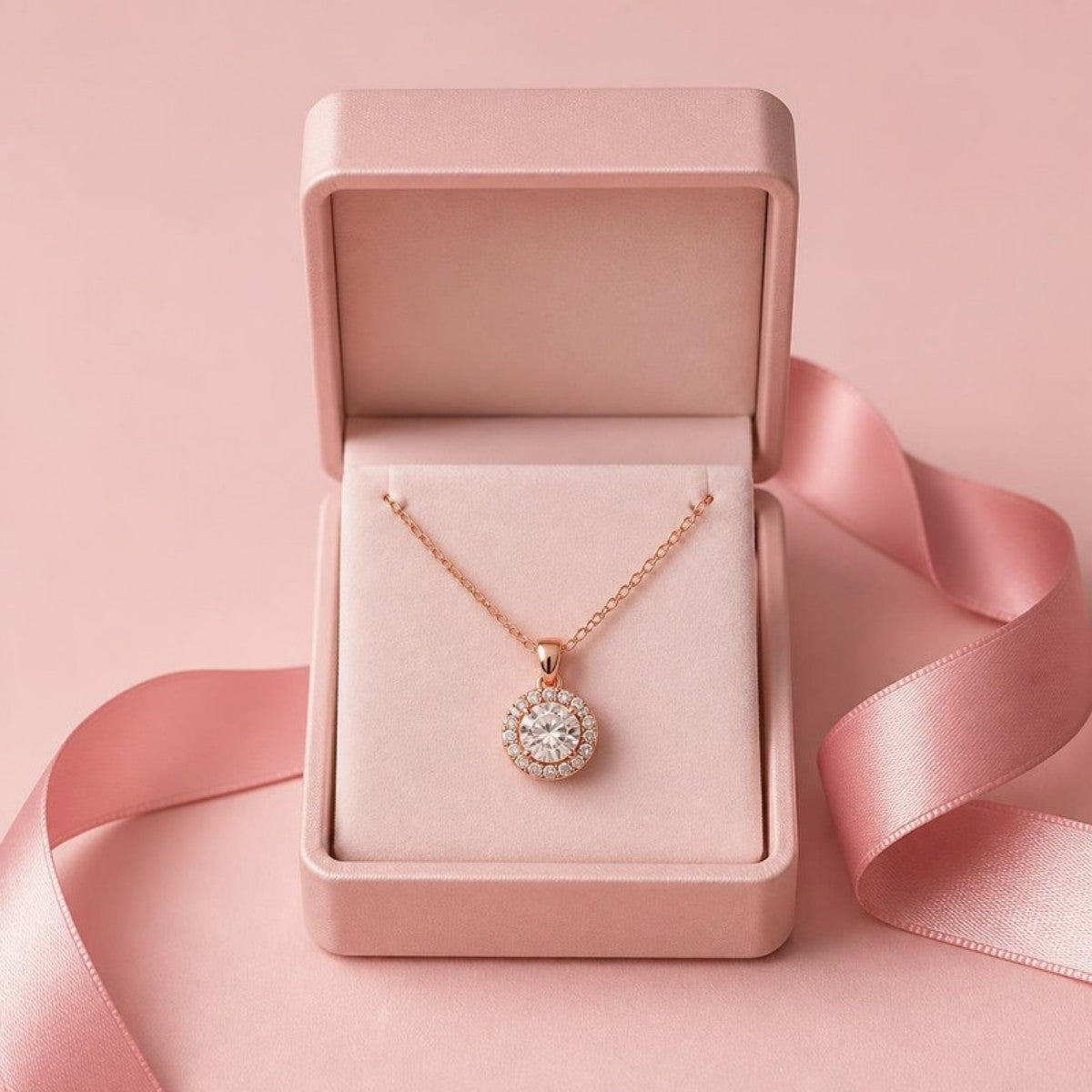 Diamond pendant in a pink gift box