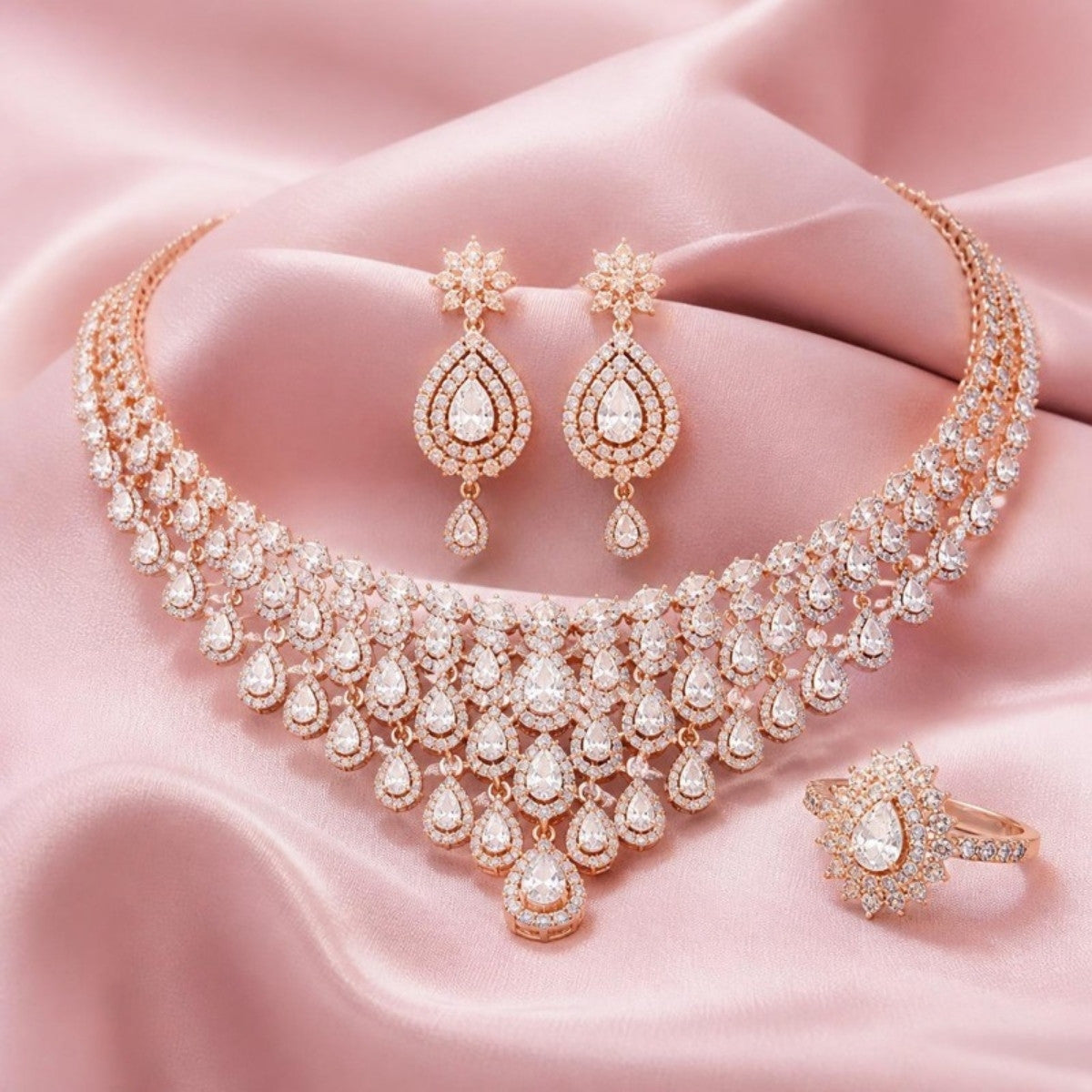 Diamond bridal necklace set on pink satin